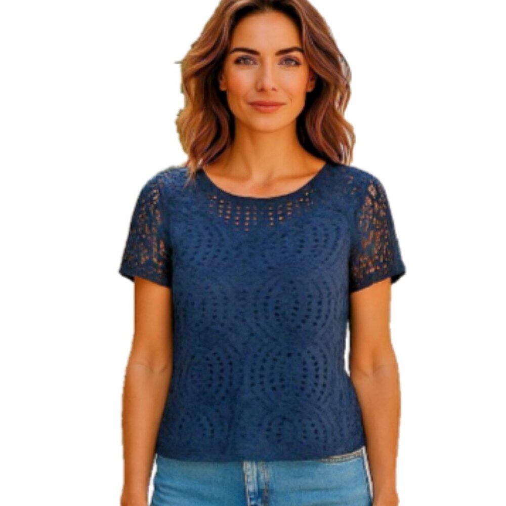 J.Crew Women’s Blouse Top Sz 2 Black Crochet Short Sleeve Keyhole Lined